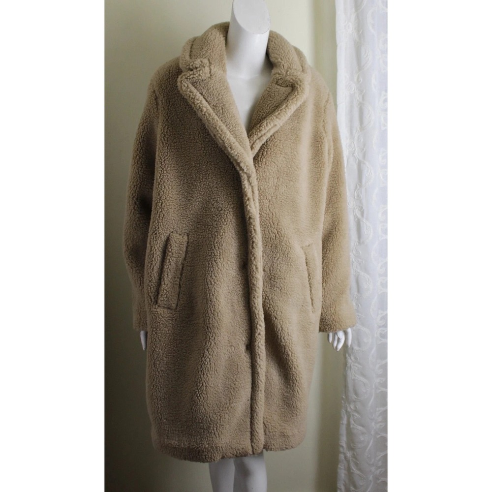 GAP XL Teddy Bear Deep Pile Fleece Funky Beige Long Coat Jacket Lined NWT - Picture 2 of 5